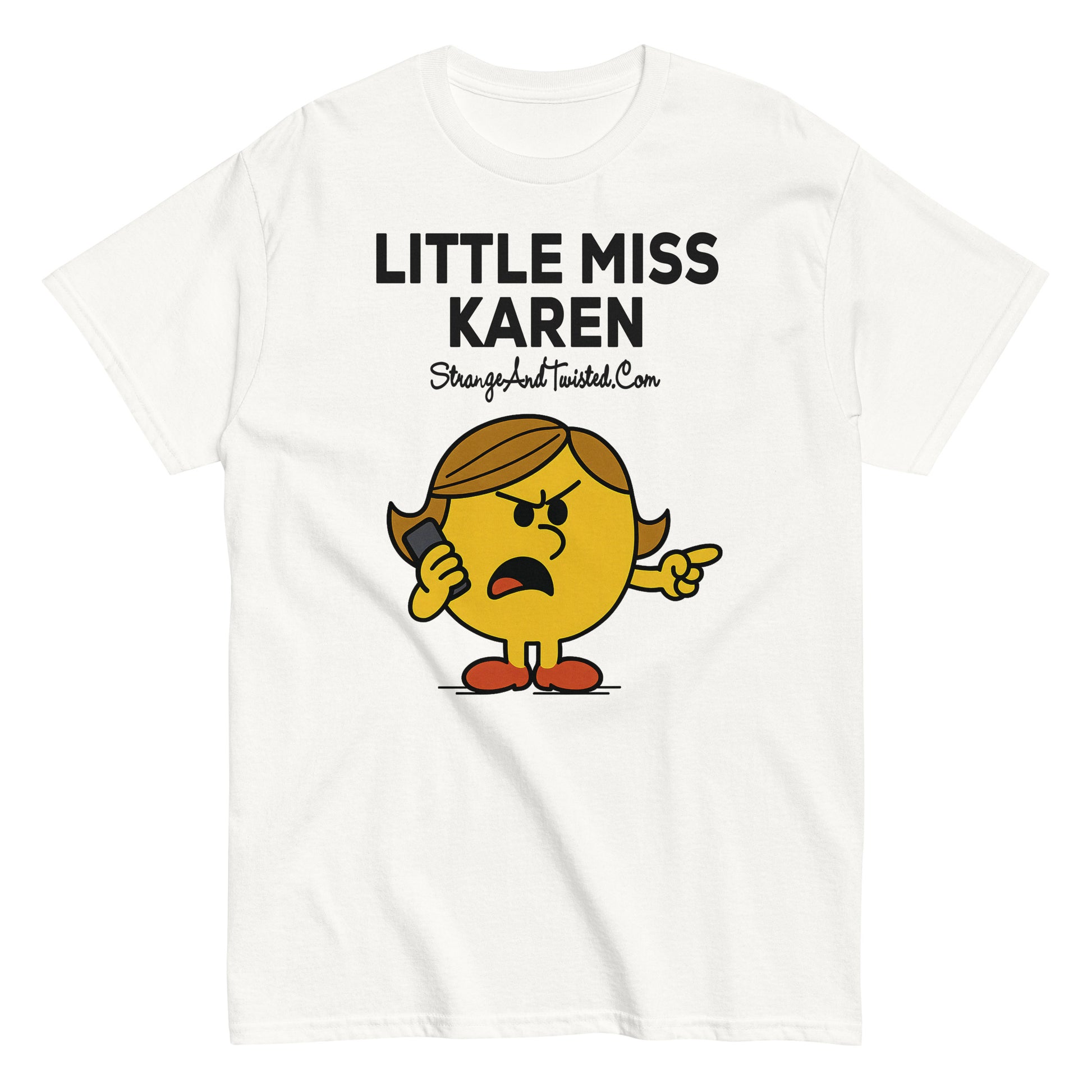 White parody T-shirt featuring cartoon character “Little Miss Karen” with angry expression, funny alternative humor design