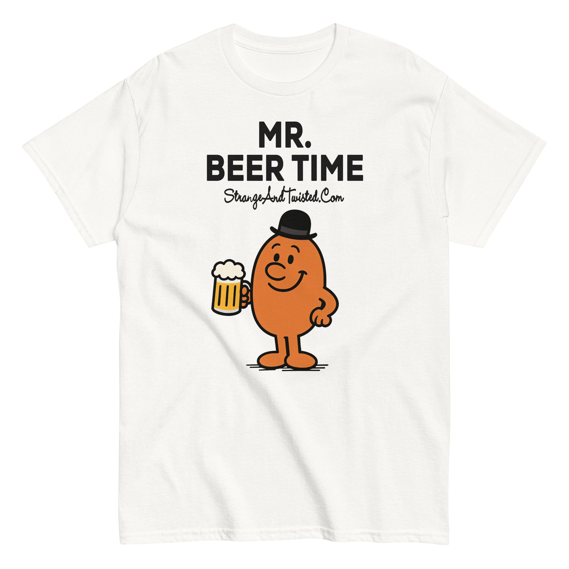 White parody T-shirt featuring cartoon character “Mr. Beer Time” holding a frothy beer mug, funny drinking humor design