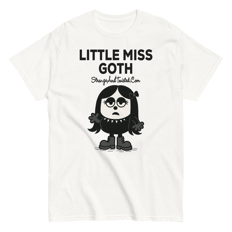 White parody T-shirt featuring a cartoon goth character with black hair, dark outfit, and the text “Little Miss Goth,” alternative funny style design
