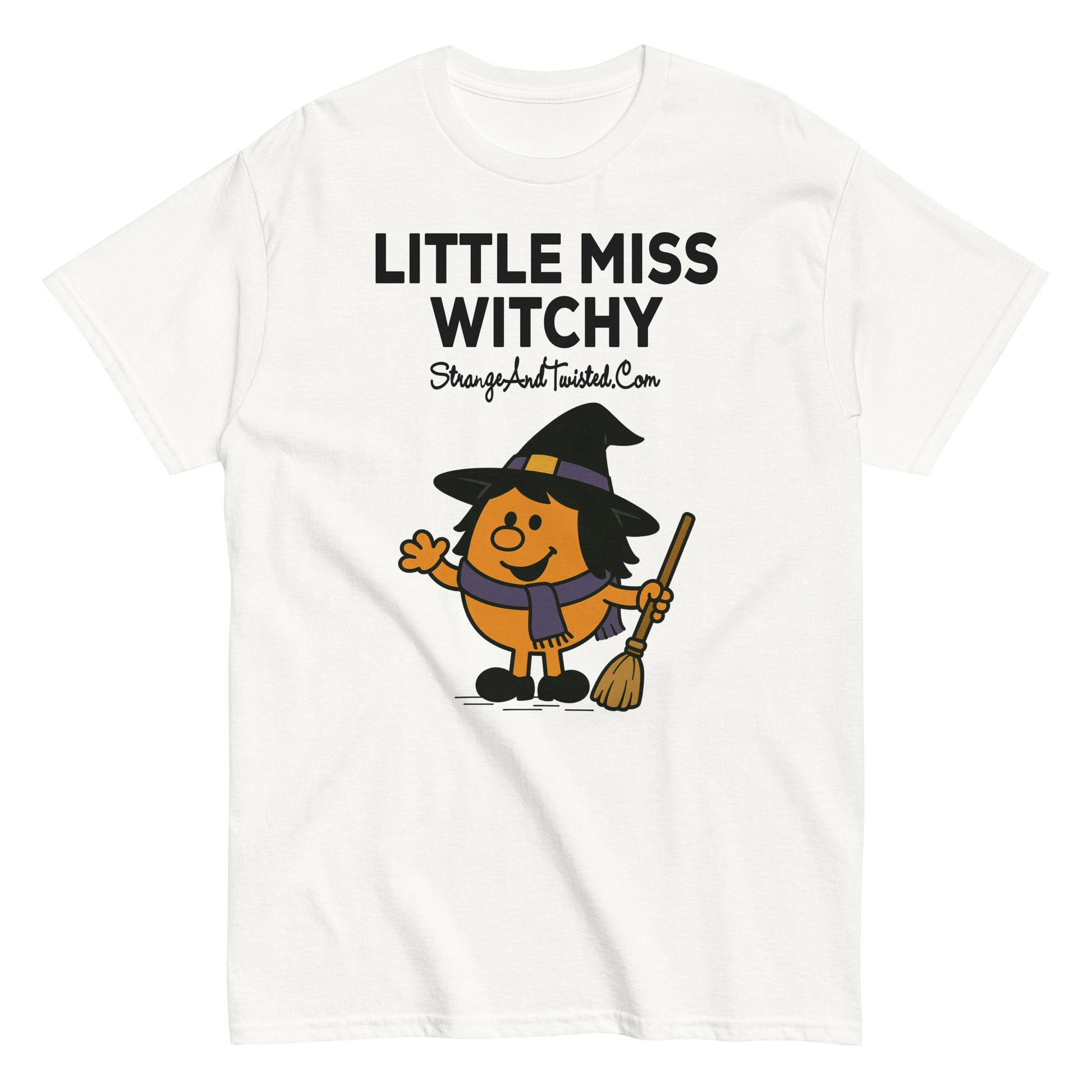 White parody T-shirt featuring cartoon character “Little Miss Witchy” with broom and witch hat, funny Halloween witch parody shirt for women