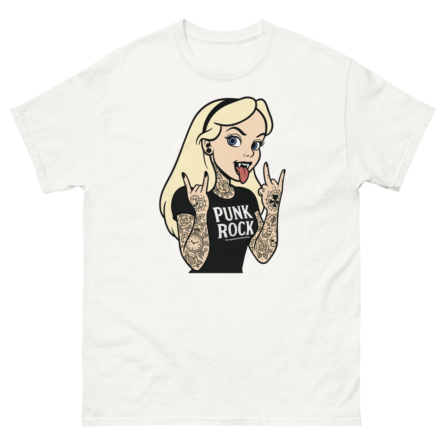 White Tattooed Punk Rock Girl T-shirt with fierce vampire-inspired alt girl artwork and rebel style design