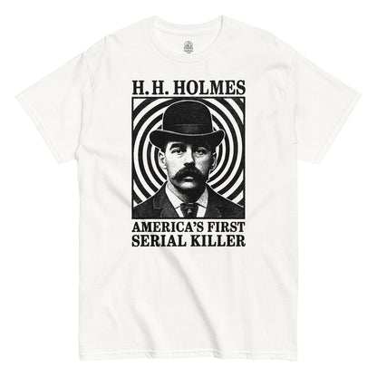 True crime fan T-shirt in white featuring vintage H.H. Holmes portrait with America’s First Serial Killer design, By StrangeAndTwisted.Com