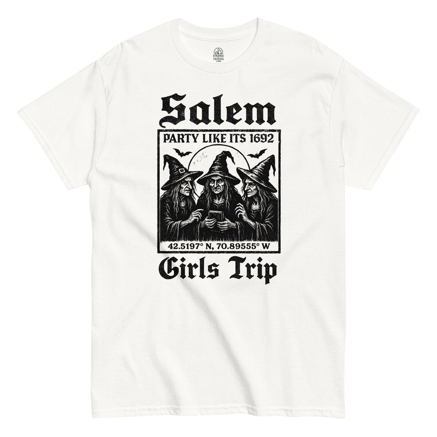 Salem witchcraft parody T-shirt in white with Girls Trip Party Like It’s 1692 gothic illustration, By StrangeAndTwisted.Com
