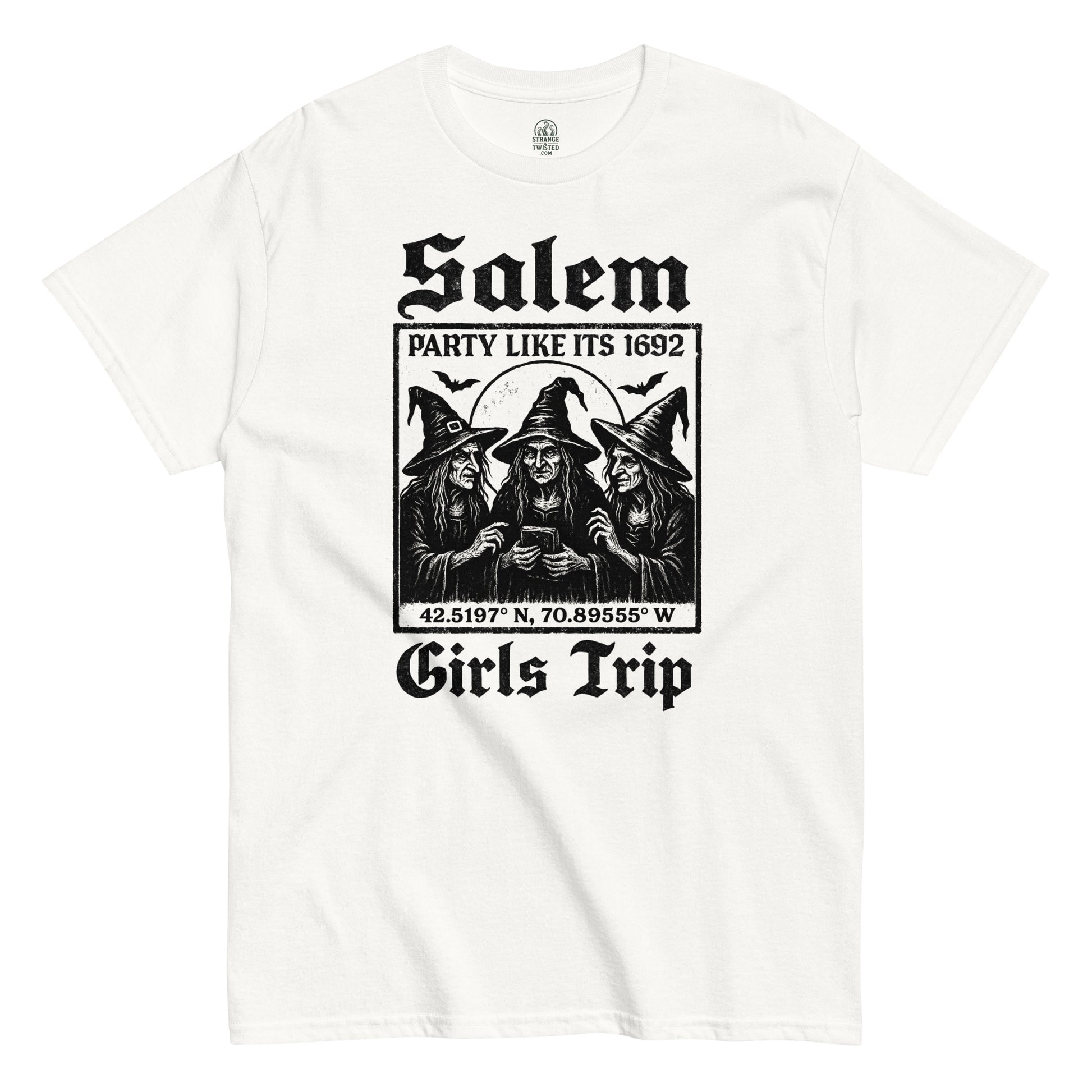 Salem witchcraft parody T-shirt in white with Girls Trip Party Like It’s 1692 gothic illustration, By StrangeAndTwisted.Com