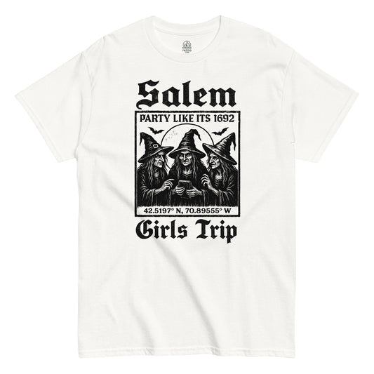 Salem witchcraft parody T-shirt in white with Girls Trip Party Like It’s 1692 gothic illustration, By StrangeAndTwisted.Com