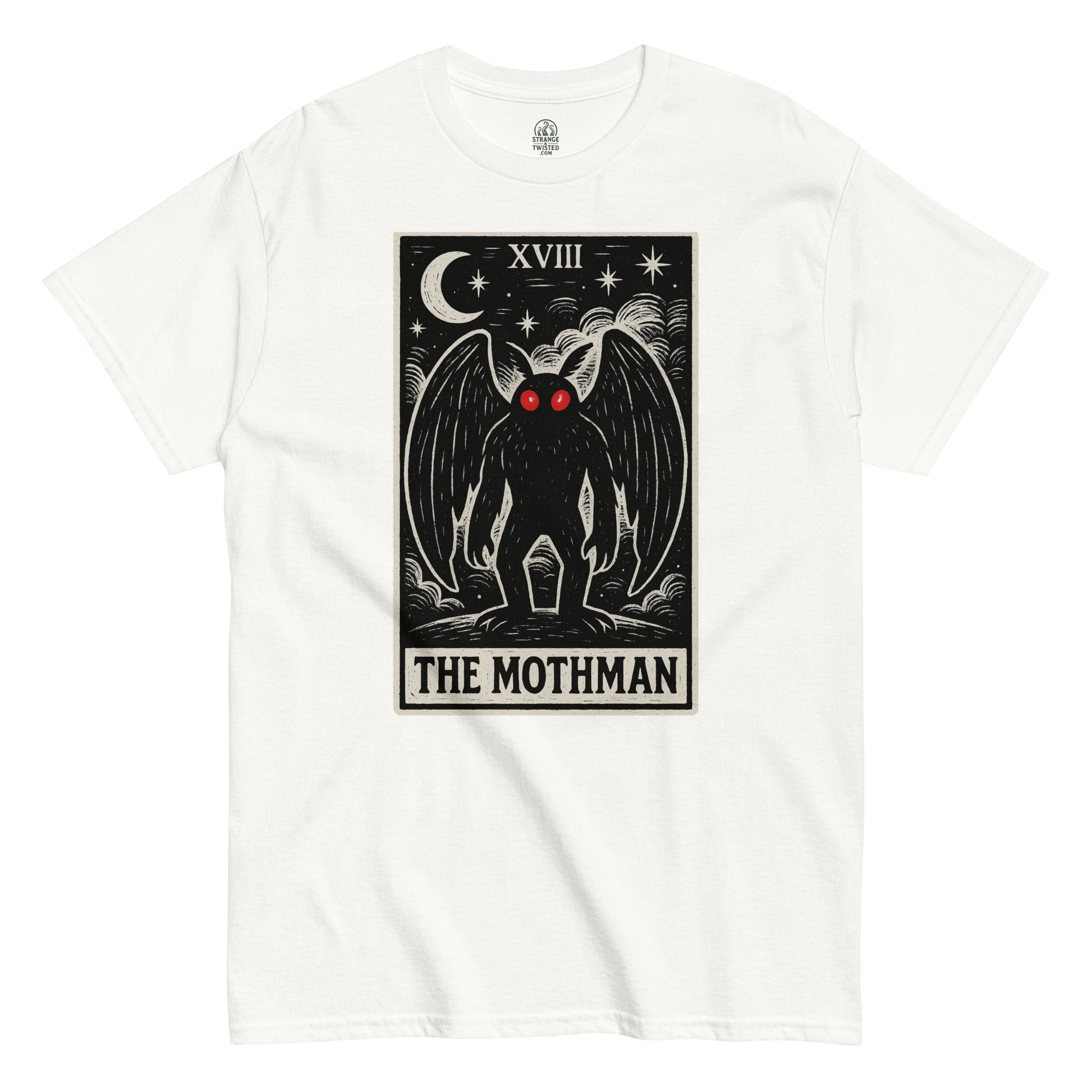 Cryptid occult T-shirt in white with Mothman tarot card design, gothic parody style with red-eyed creature, by strangeandtwisted.com