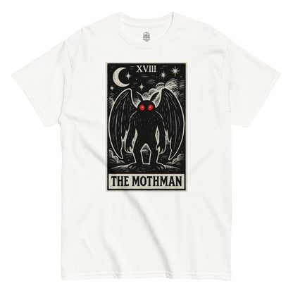 Cryptid occult T-shirt in white with Mothman tarot card design, gothic parody style with red-eyed creature, by strangeandtwisted.com