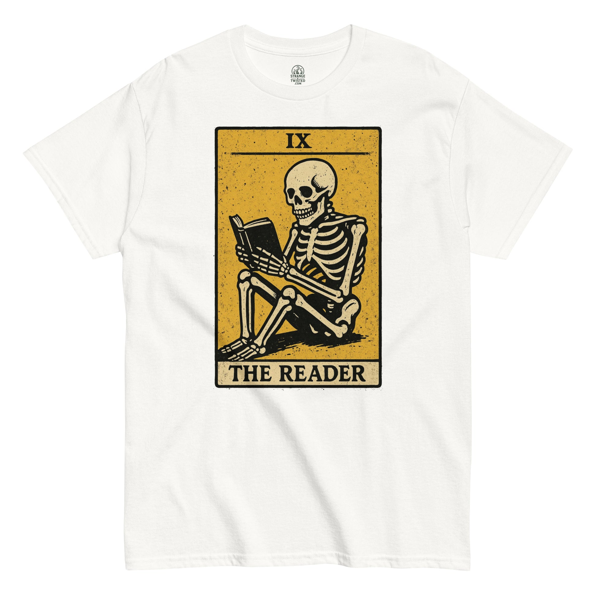 Gothic book lover T-shirt in white featuring skeleton reading The Reader tarot card design, By StrangeAndTwisted.Com