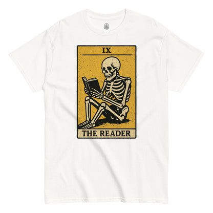Gothic book lover T-shirt in white featuring skeleton reading The Reader tarot card design, By StrangeAndTwisted.Com