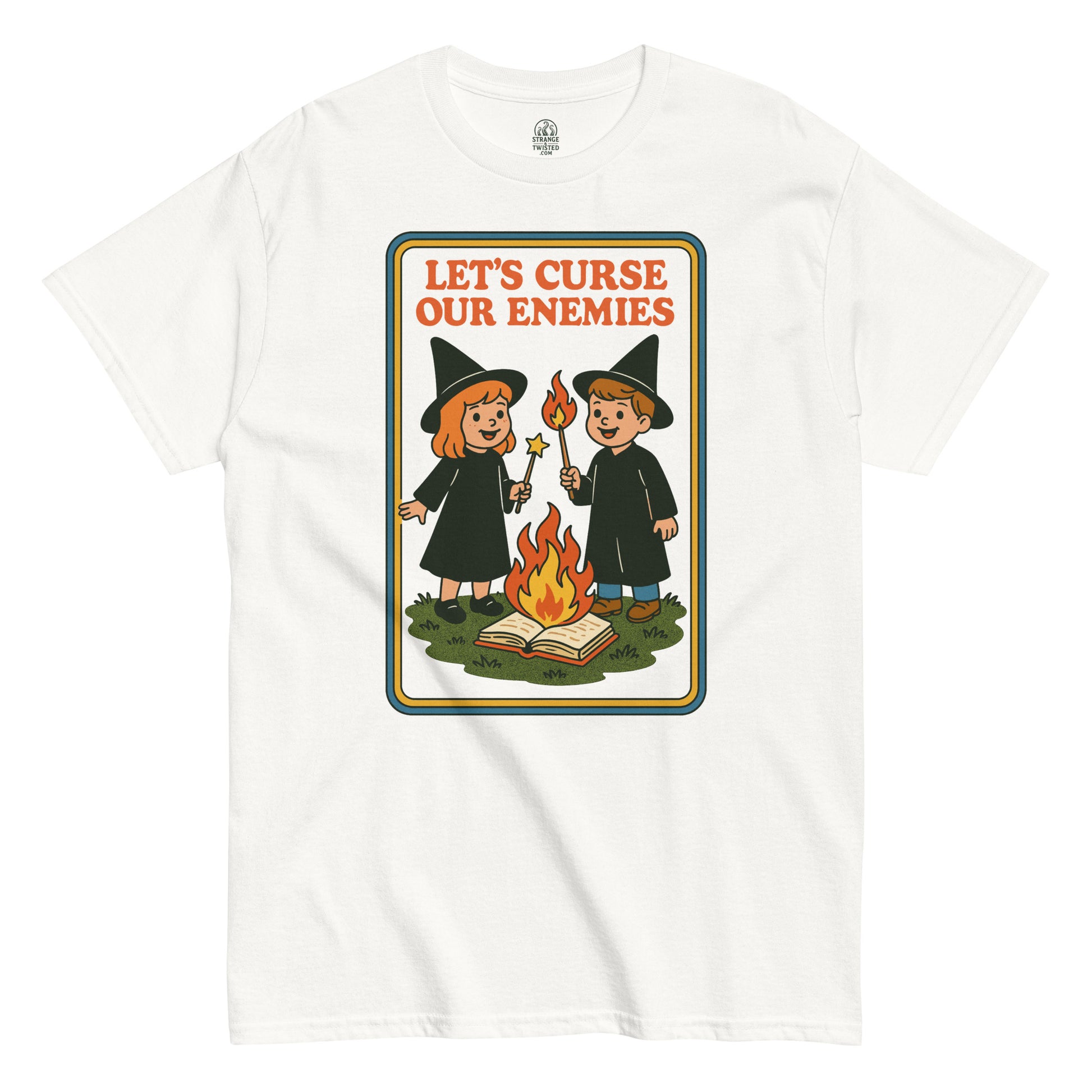 Retro witchcraft humor T-shirt with cartoon kids casting spell around fire, vintage 70s children’s book parody style, By StrangeAndTwisted.Com