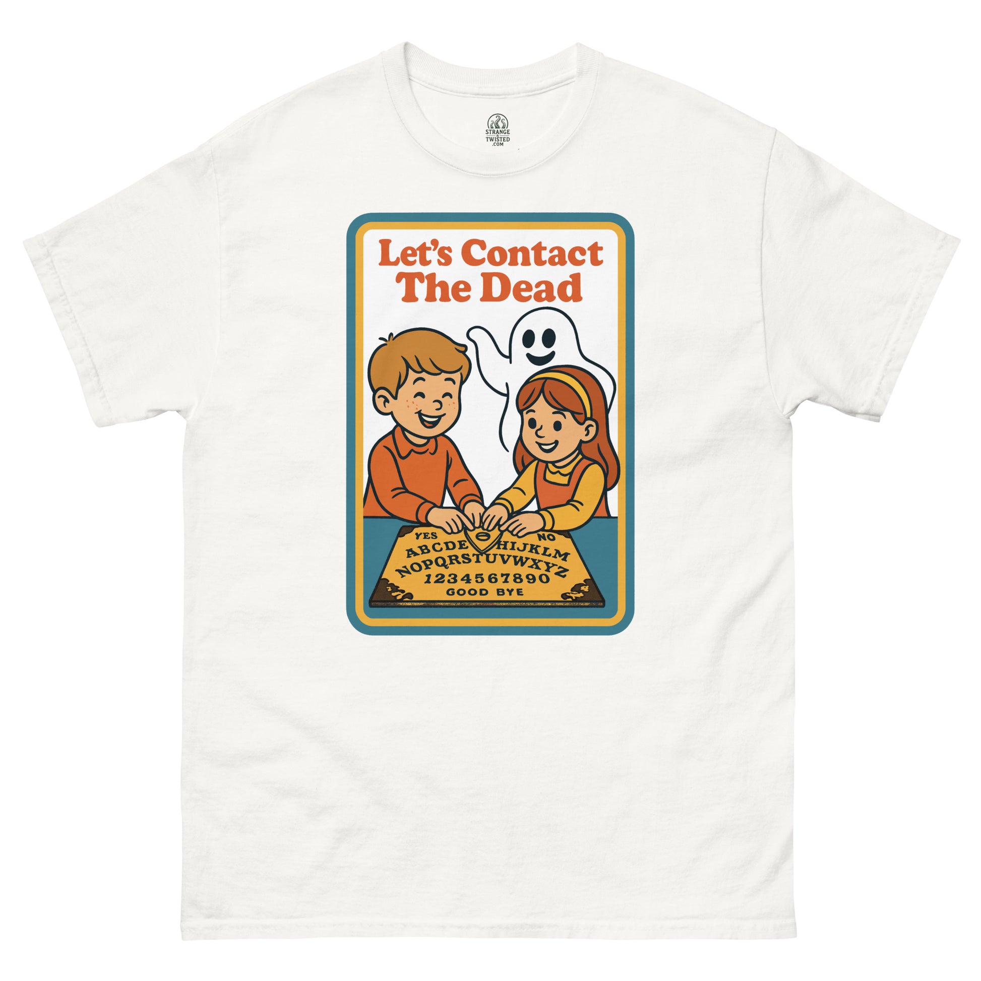 Retro spirit board occult T-shirt with cartoon kids contacting the dead, vintage 70s children’s book cover style, by StrangeandTwisted.Com
