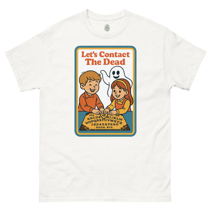 Retro spirit board occult T-shirt with cartoon kids contacting the dead, vintage 70s children’s book cover style, by StrangeandTwisted.Com