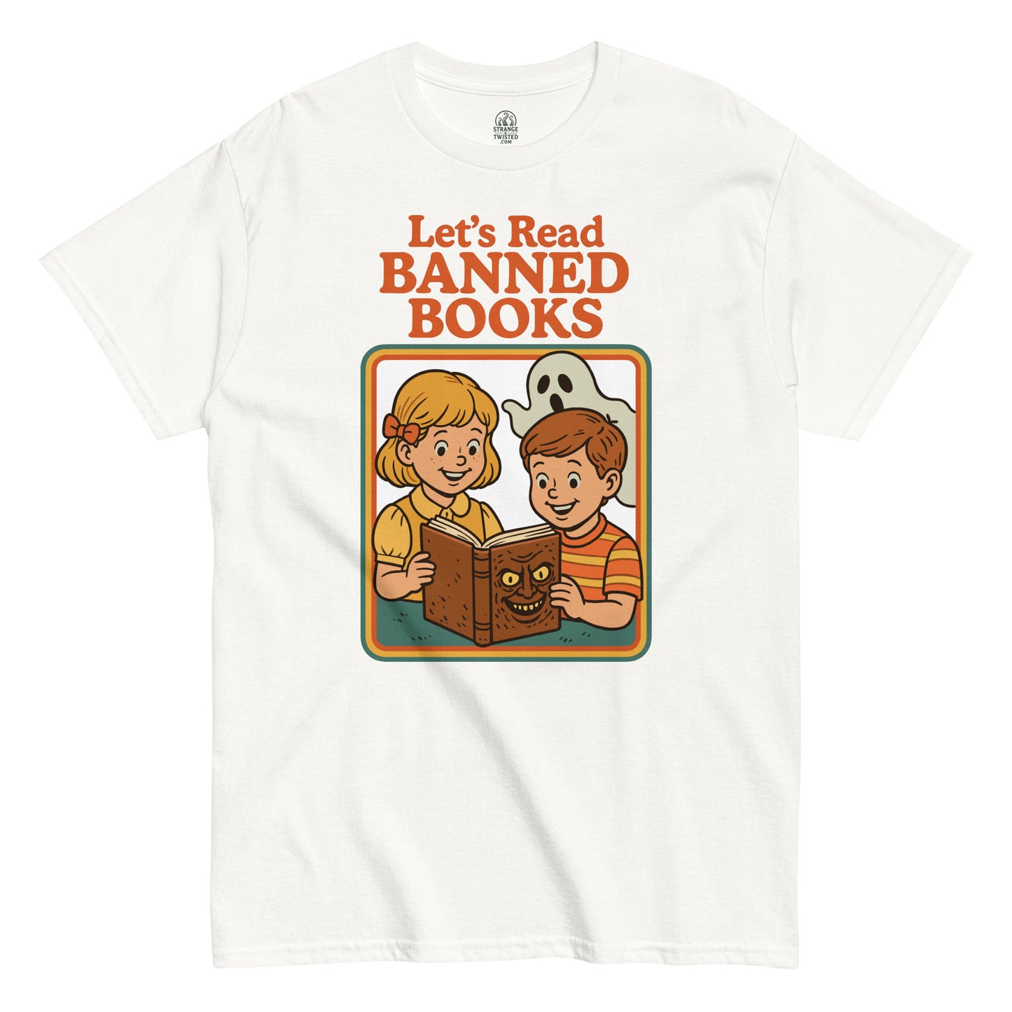 Funny retro parody T-shirt with cartoon kids reading banned books, vintage 70s children’s book cover style, by strangeandtwisted.com