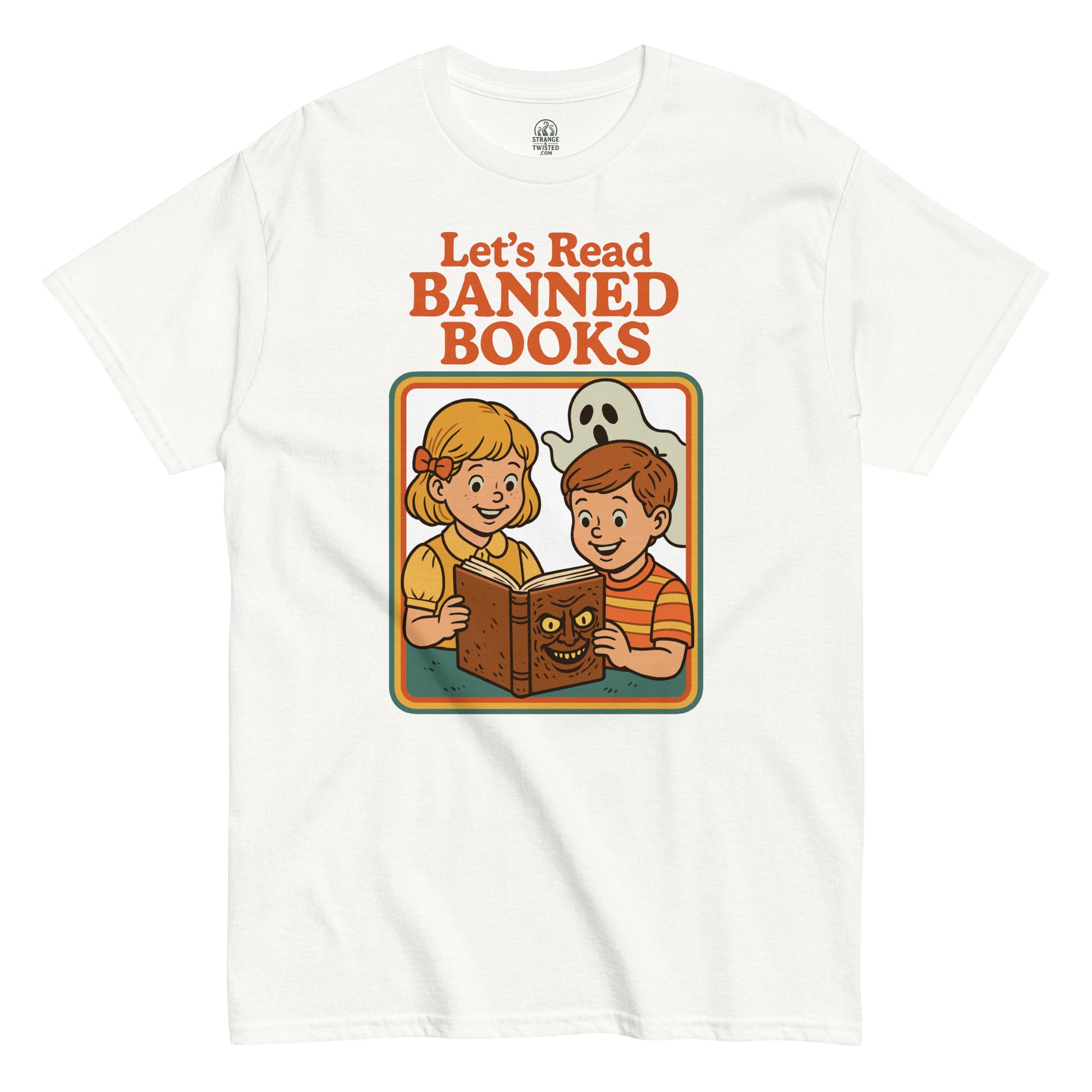 Funny retro parody T-shirt with cartoon kids reading banned books, vintage 70s children’s book cover style, by strangeandtwisted.com