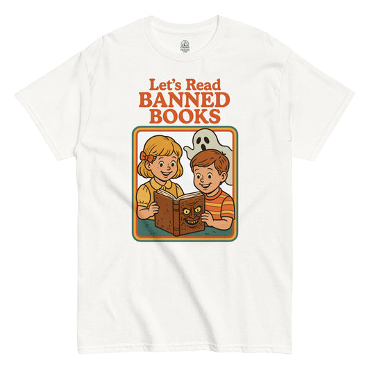 Funny retro parody T-shirt with cartoon kids reading banned books, vintage 70s children’s book cover style, by strangeandtwisted.com