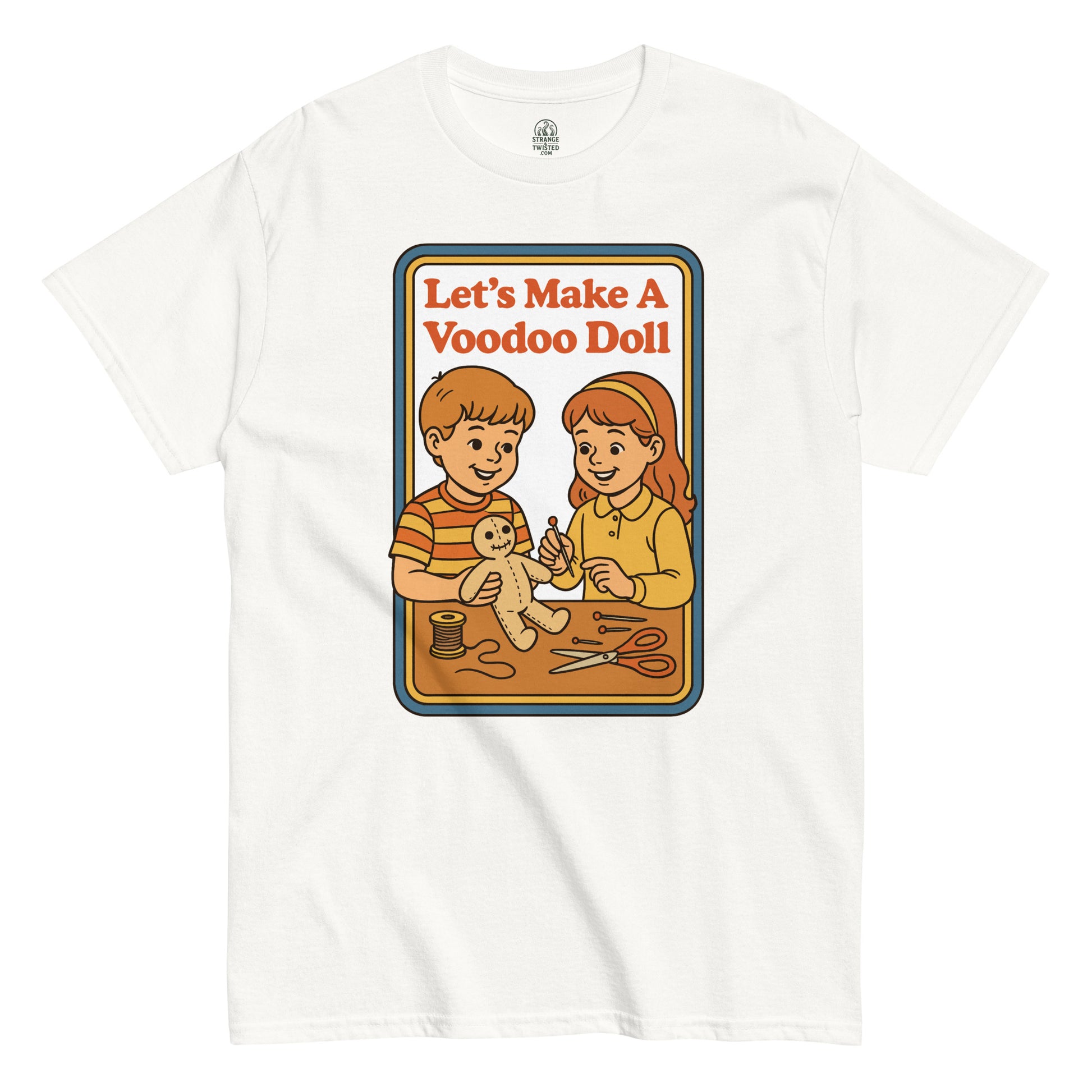 Retro occult parody T-shirt with cartoon kids making a voodoo doll, vintage 70s children’s book cover style, Strangeandtwisted.com