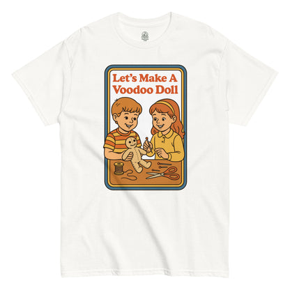 Retro occult parody T-shirt with cartoon kids making a voodoo doll, vintage 70s children’s book cover style, Strangeandtwisted.com