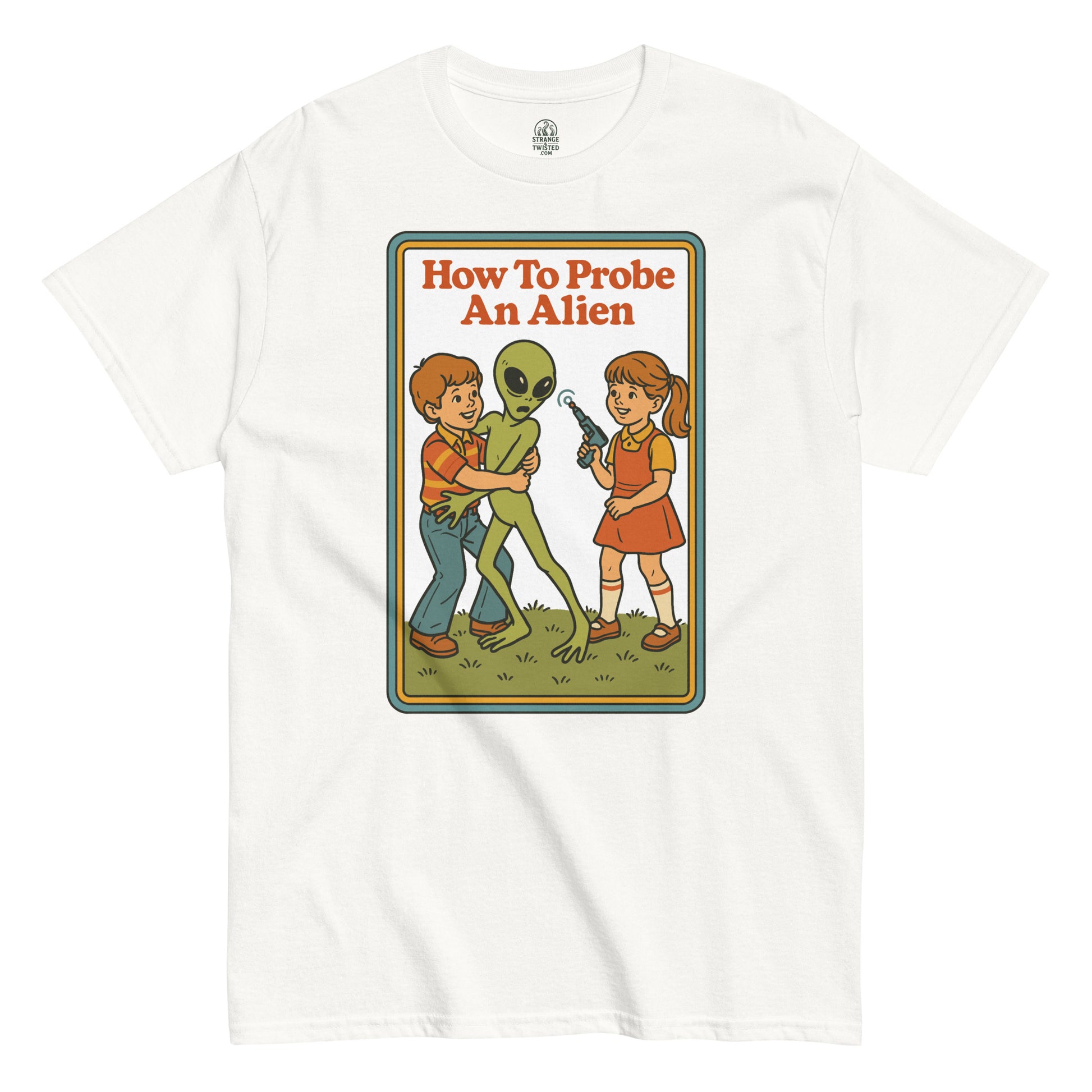 Unisex classic alien parody T-shirt in white with retro 1970s children’s book cover design, by strangeandtwisted.com