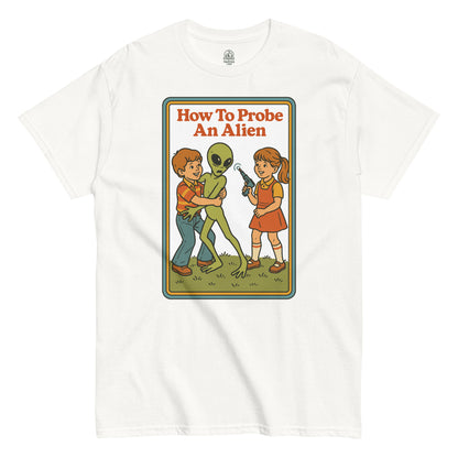 Unisex classic alien parody T-shirt in white with retro 1970s children’s book cover design, by strangeandtwisted.com