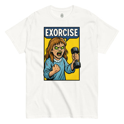 White Exorcise Possessed Girl T-Shirt front view, funny horror workout parody design, By strangeandtwisted.com