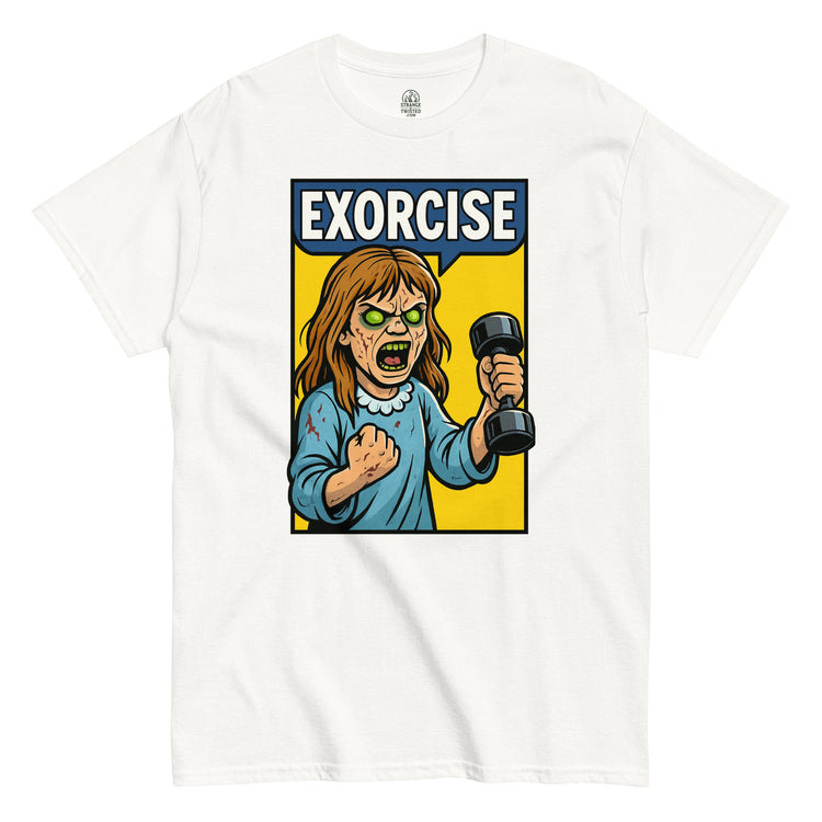 White Exorcise Possessed Girl T-Shirt front view, funny horror workout parody design, By strangeandtwisted.com