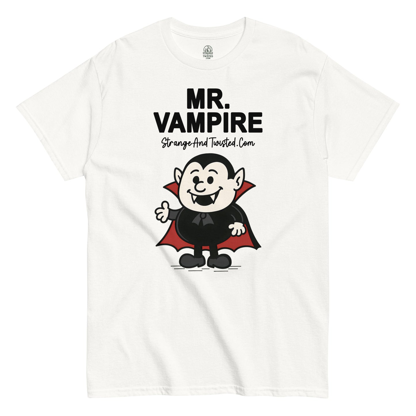 White Mr. Vampire T-Shirt front view, funny gothic horror cartoon parody design, By strangeandtwisted.com