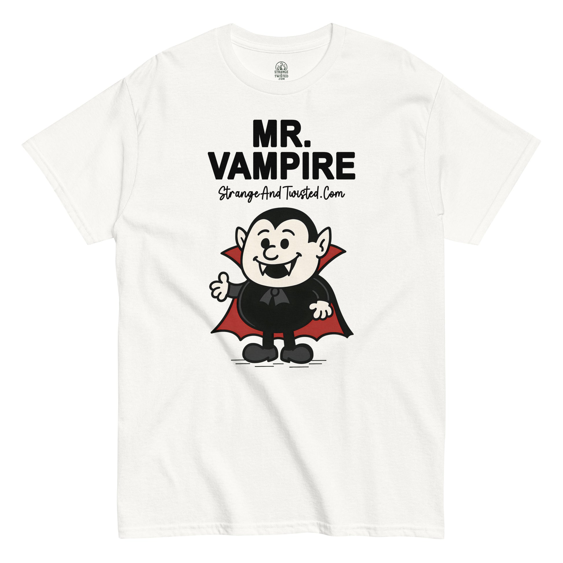 White Mr. Vampire T-Shirt front view, funny gothic horror cartoon parody design, By strangeandtwisted.com