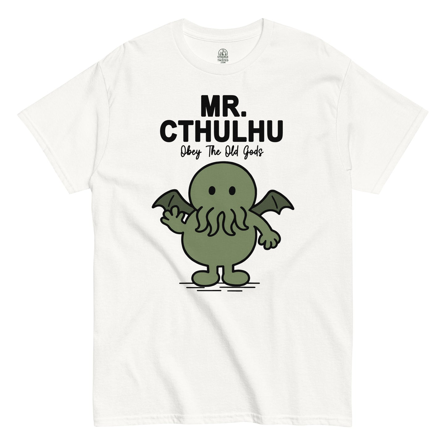 White Mr. Cthulhu T-Shirt front view, funny Lovecraft cartoon horror parody design, By strangeandtwisted.com