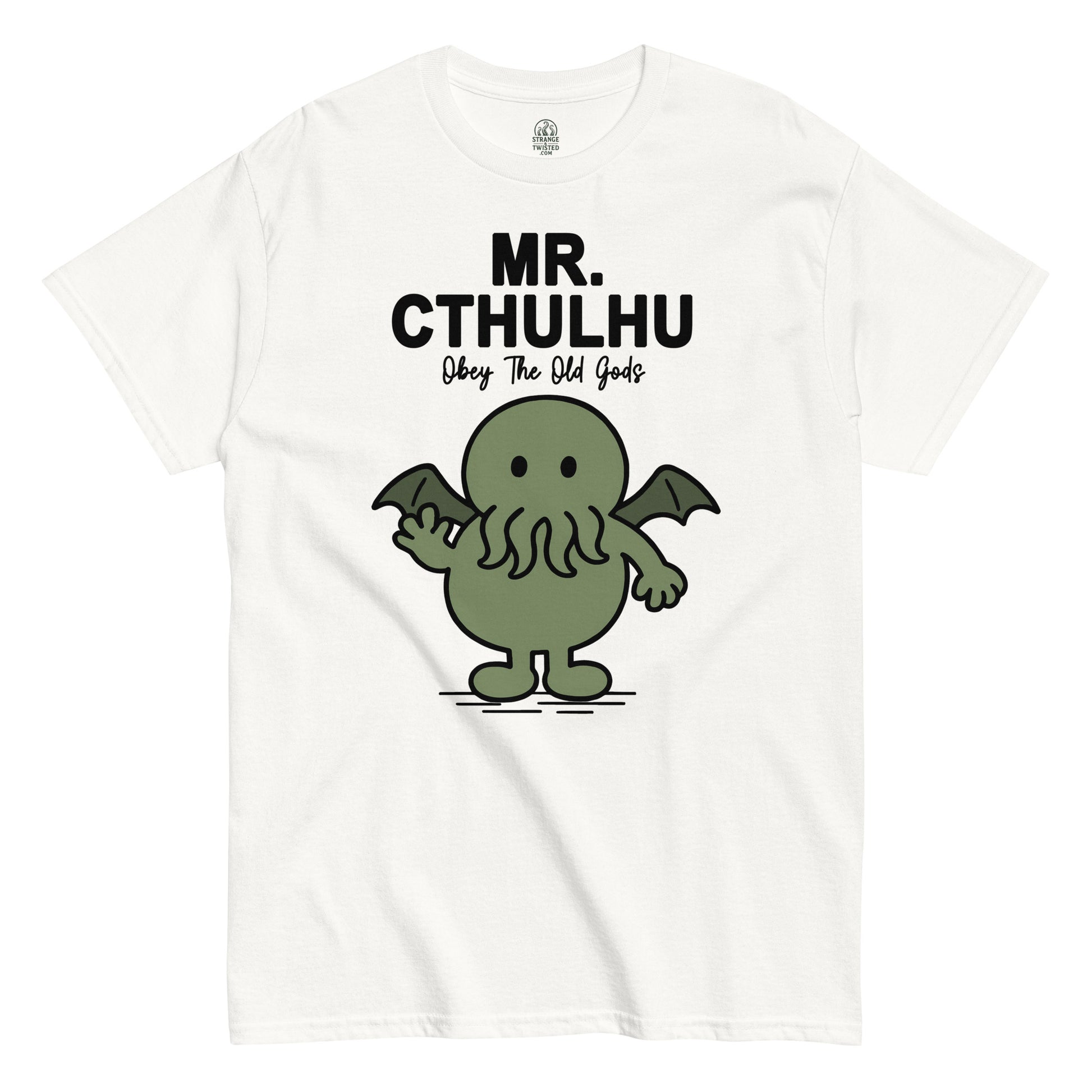 White Mr. Cthulhu T-Shirt front view, funny Lovecraft cartoon horror parody design, By strangeandtwisted.com