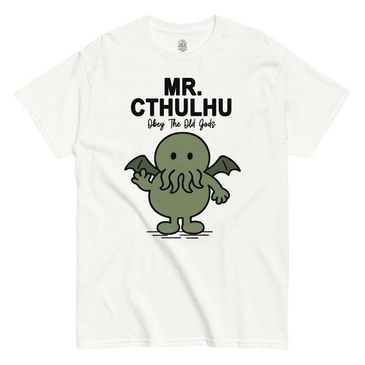 White Mr. Cthulhu T-Shirt front view, funny Lovecraft cartoon horror parody design, By strangeandtwisted.com