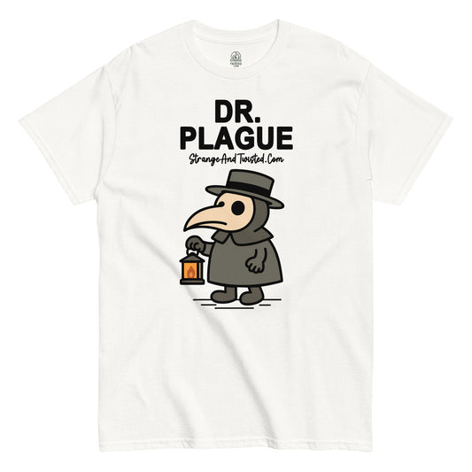 White Dr. Plague T-Shirt front view, funny gothic horror cartoon plague doctor parody design, By strangeandtwisted.com