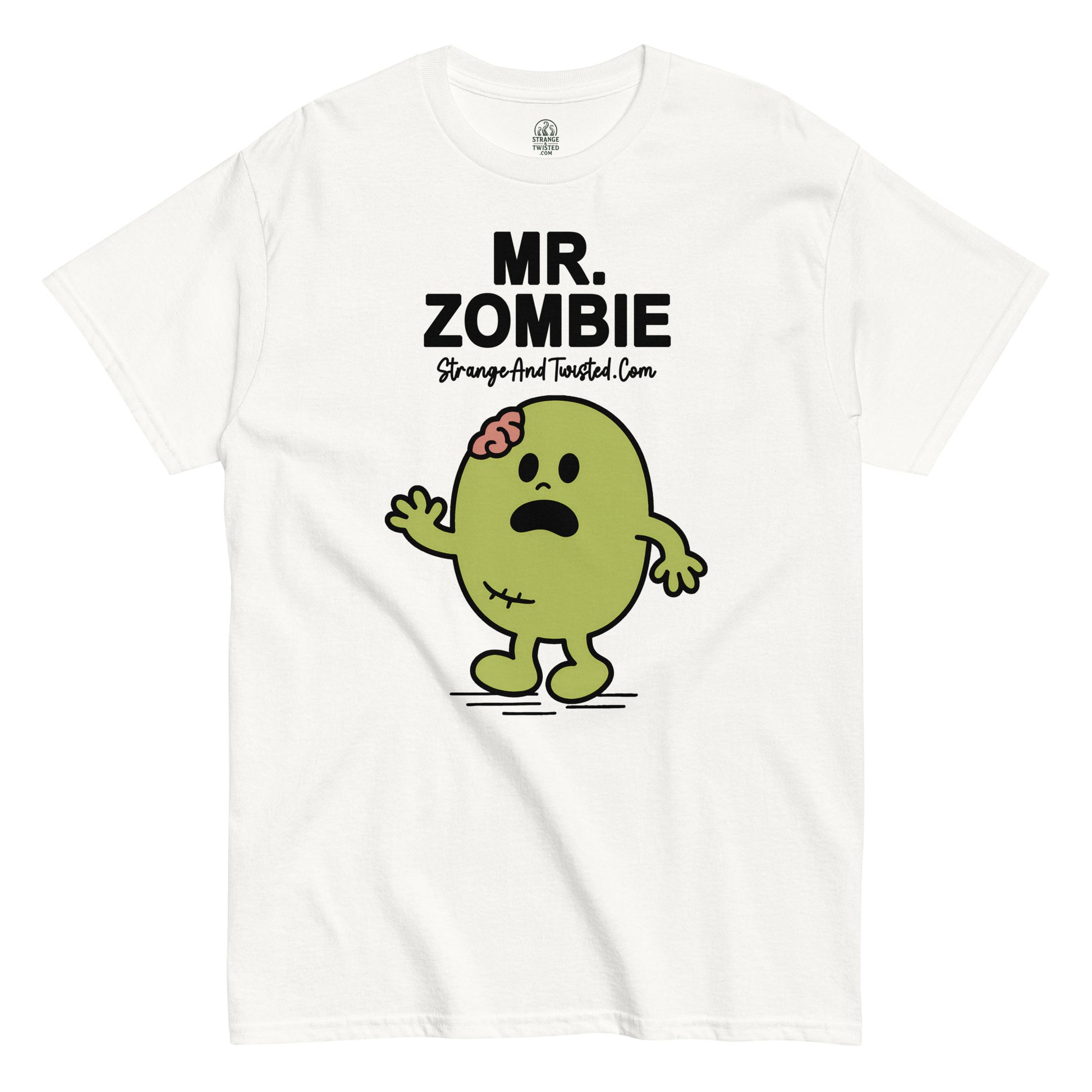 White Mr. Zombie T-Shirt front view, funny cartoon gothic horror parody design, By strangeandtwisted.com