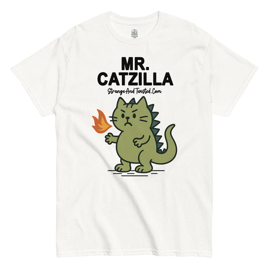White Mr. Catzilla T-Shirt front view, funny cat cartoon monster parody design, By strangeandtwisted.com