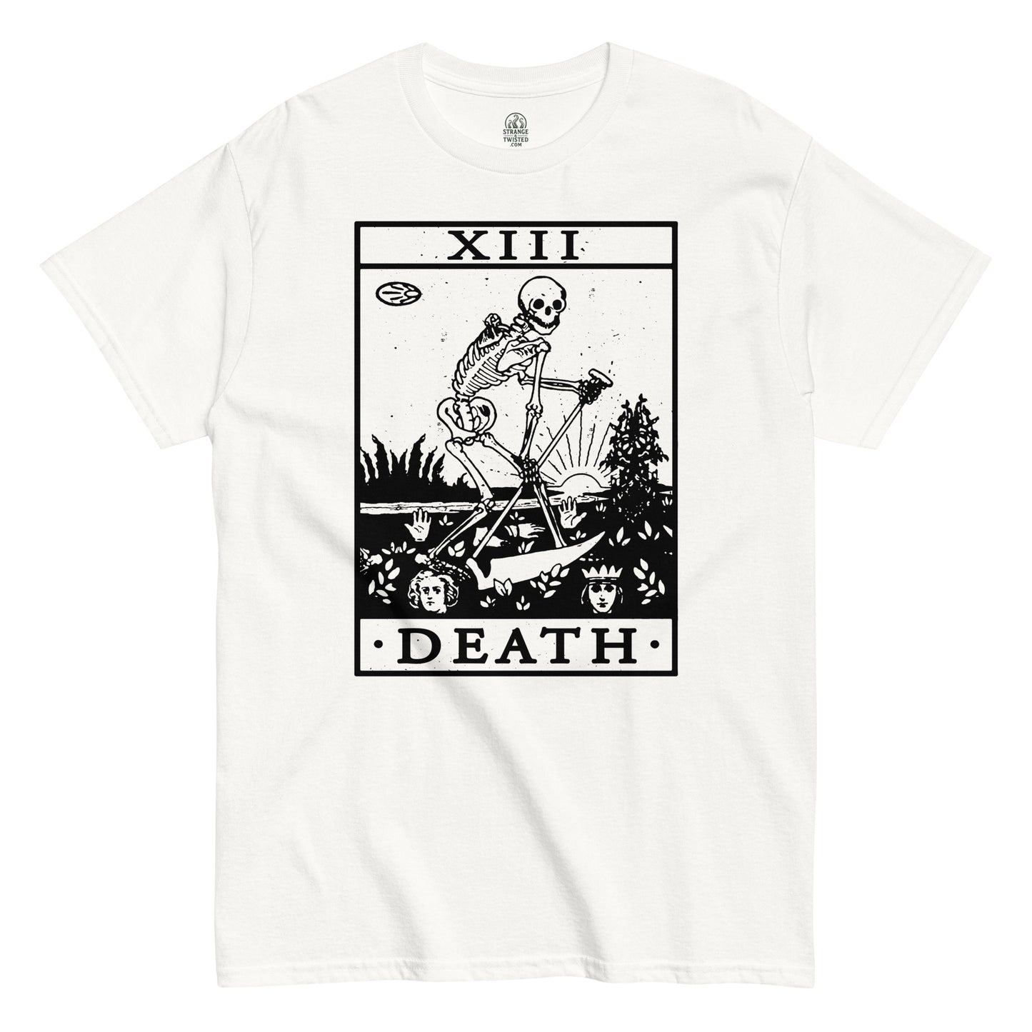 White Death Tarot Card T-Shirt front view, gothic occult skeleton tarot artwork, By strangeandtwisted.com