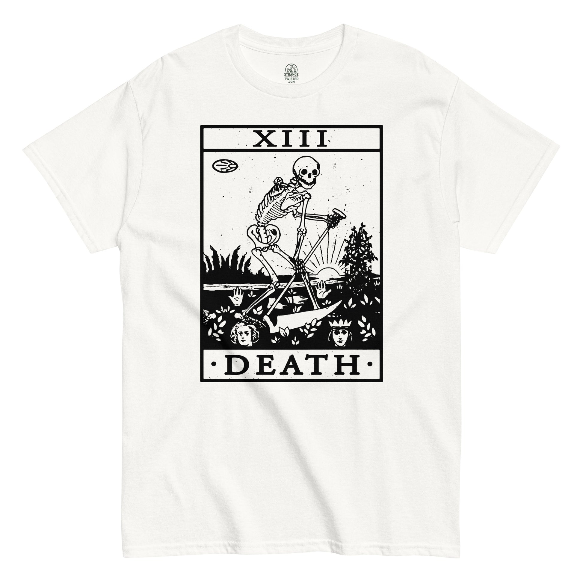White Death Tarot Card T-Shirt front view, gothic occult skeleton tarot artwork, By strangeandtwisted.com