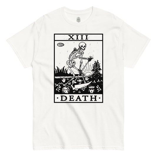 White Death Tarot Card T-Shirt front view, gothic occult skeleton tarot artwork, By strangeandtwisted.com