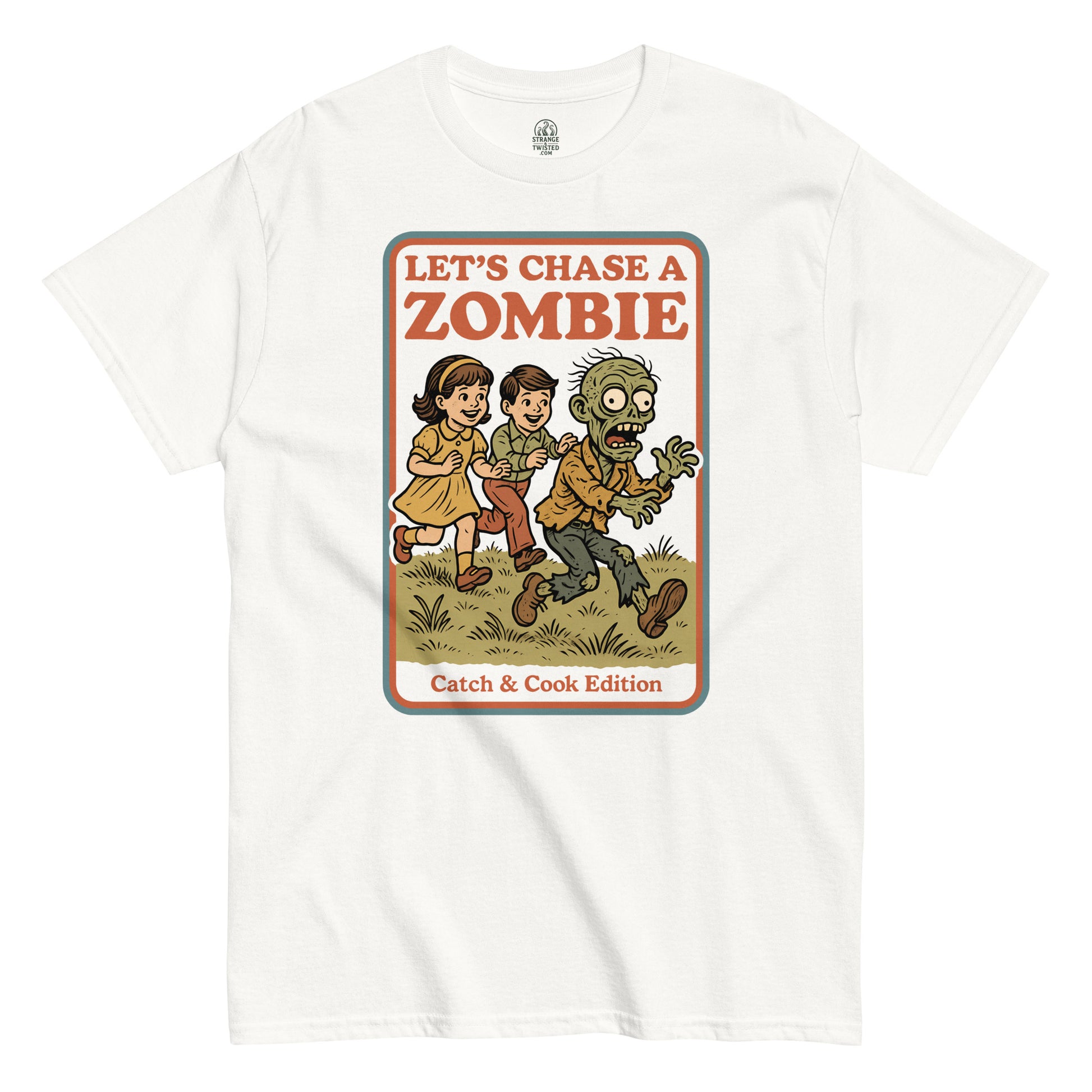 White Let’s Chase a Zombie T-Shirt front view, funny retro horror parody design, By strangeandtwisted.com