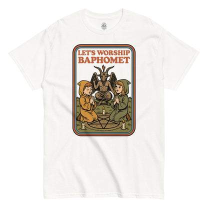 White Let’s Worship Baphomet T-Shirt front view, retro occult parody design with gothic artwork, By strangeandtwisted.com