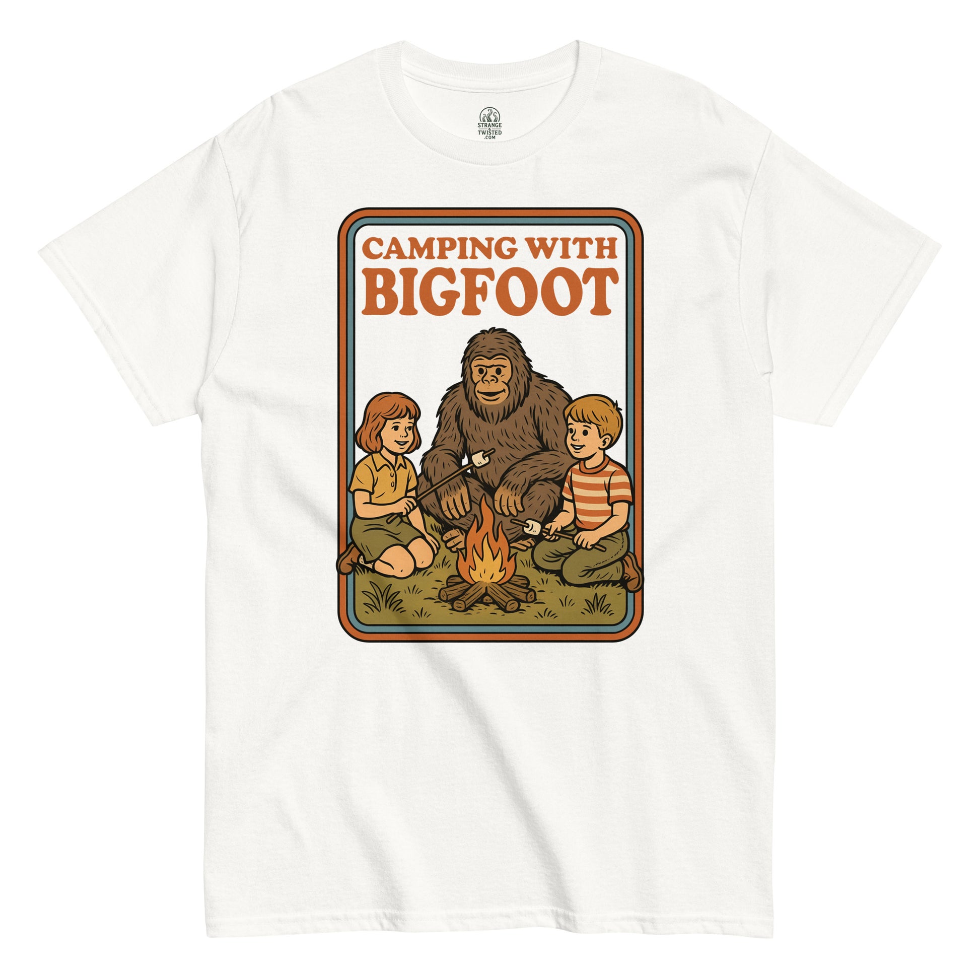 Strange & Twisted white T-shirt with retro Camping With Bigfoot parody design featuring Sasquatch and campfire scene