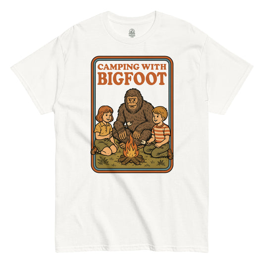 Strange & Twisted white T-shirt with retro Camping With Bigfoot parody design featuring Sasquatch and campfire scene