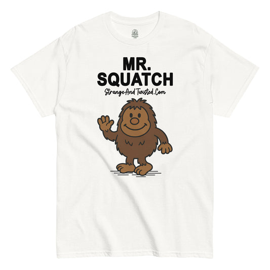 Strange & Twisted white T-shirt with Mr Squatch cartoon Bigfoot parody design waving hello