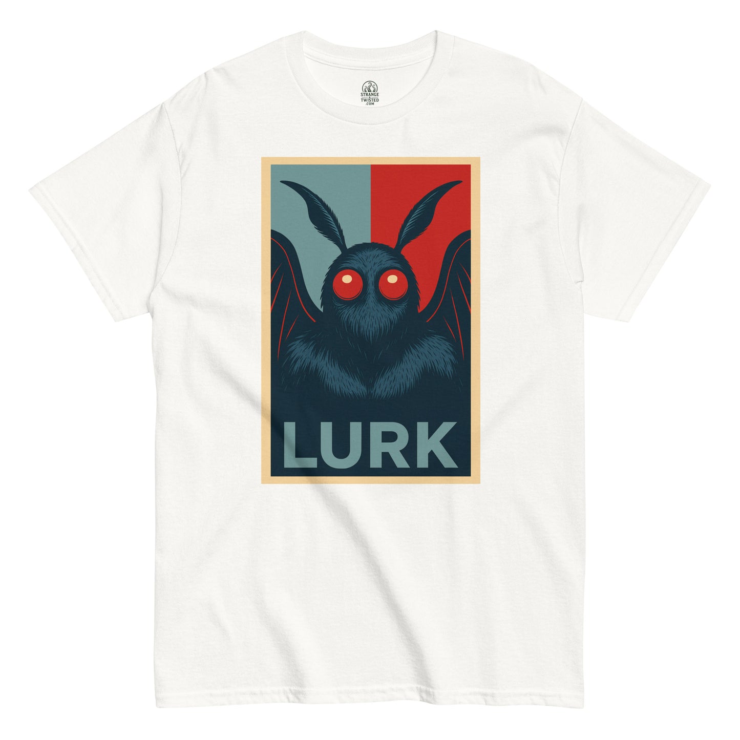 Strange & Twisted white T-shirt featuring LURK Mothman parody artwork with red eyes in retro poster style