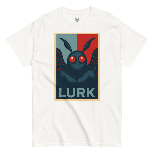 Strange & Twisted white T-shirt featuring LURK Mothman parody artwork with red eyes in retro poster style