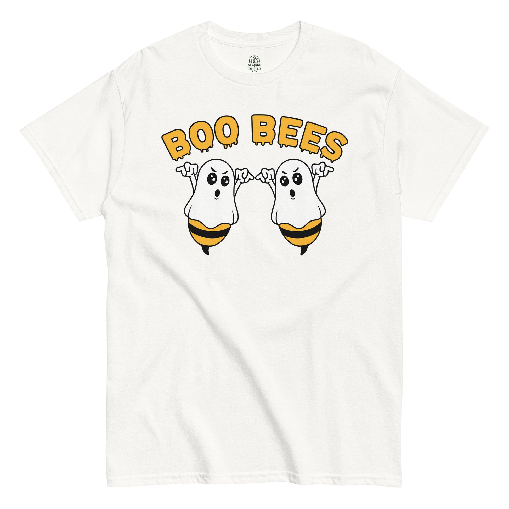 White T-shirt featuring Boo Bees pun with two cartoon ghost bees in funny Halloween style