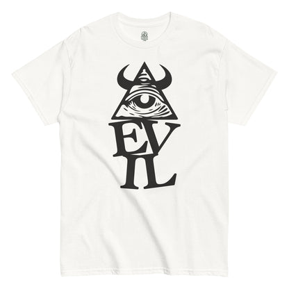 White Illuminati conspiracy theory T-shirt with all-seeing eye pyramid and evil symbol design