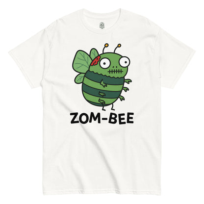 Zombie Bee pun T-shirt with cartoon Zom-Bee design in green on white