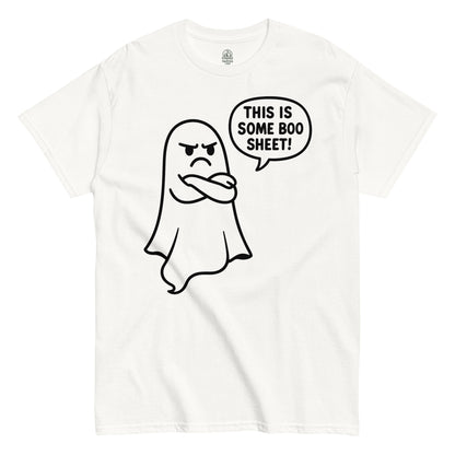 Funny ghost T-shirt with annoyed ghost saying “This Is Some Boo Sheet” in bold letters, Halloween novelty design.