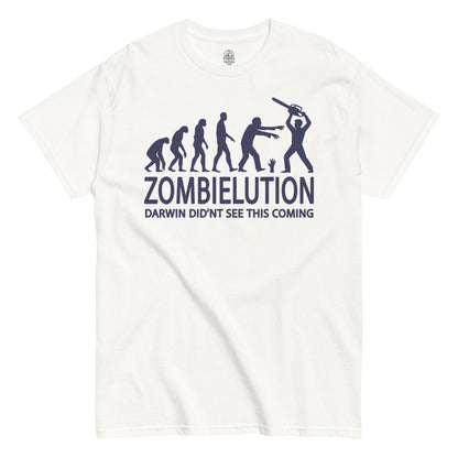 Funny zombie evolution parody T-shirt showing Darwin’s chart ending in a zombie apocalypse with survivor holding chainsaw.