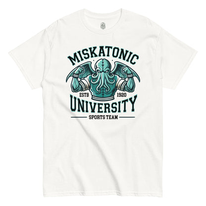 Cthulhu T-shirt on white – muscular green tentacled monster mascot with wings and “Miskatonic University” text