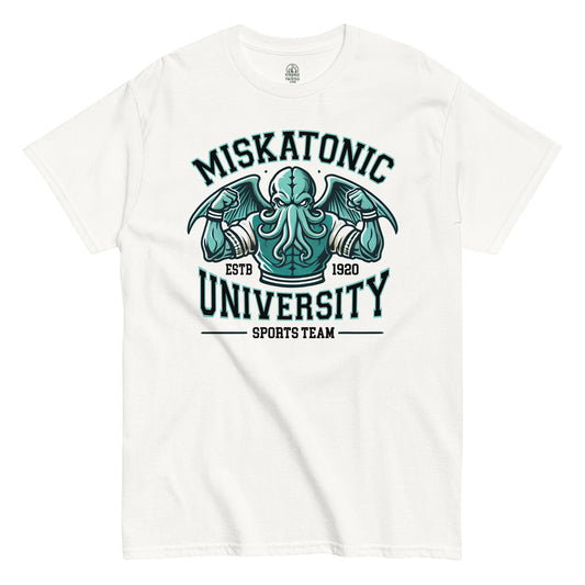 Cthulhu T-shirt on white – muscular green tentacled monster mascot with wings and “Miskatonic University” text